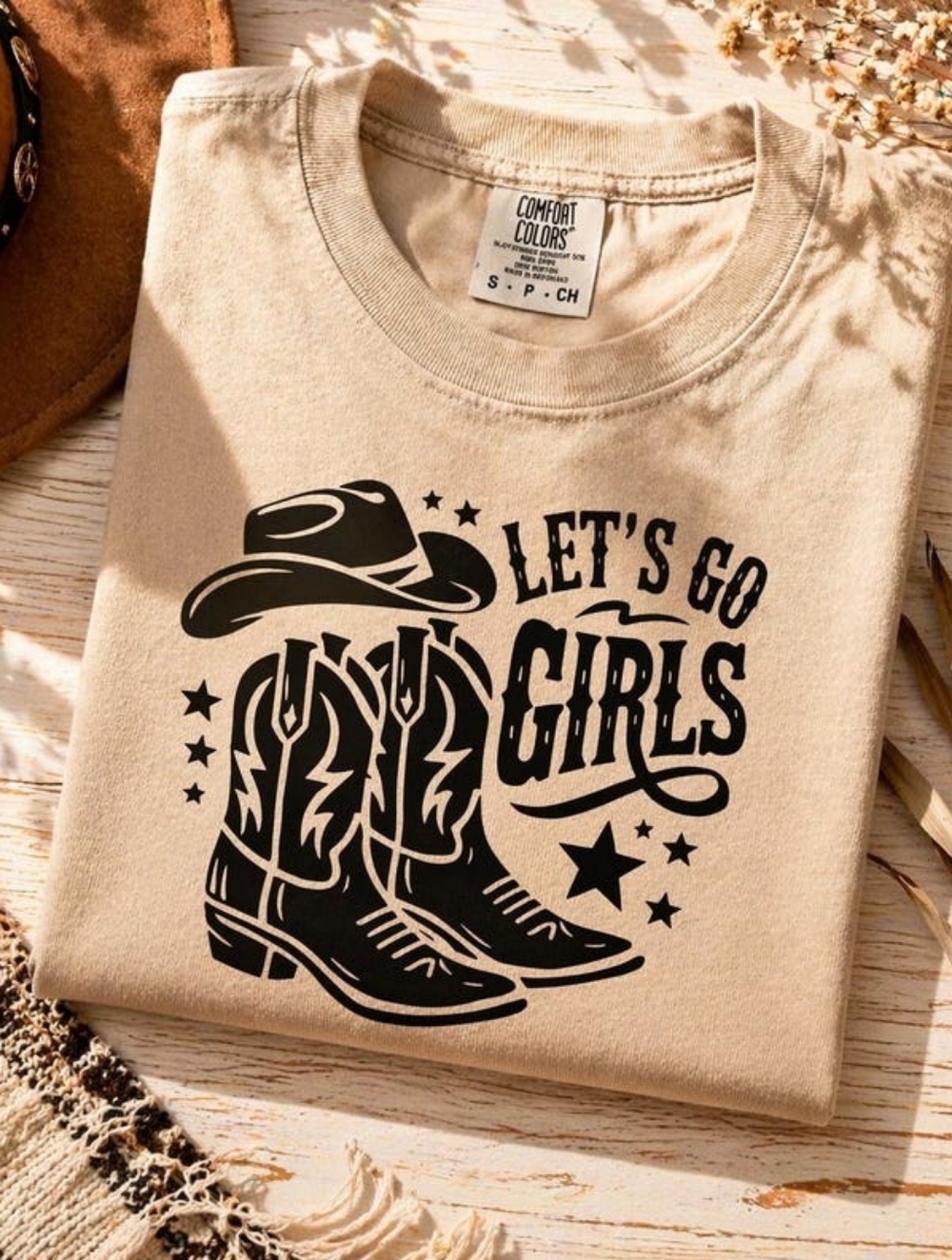 Comfort Colors Beige Tee with Black Western 'Let's Go Girls' Graphic